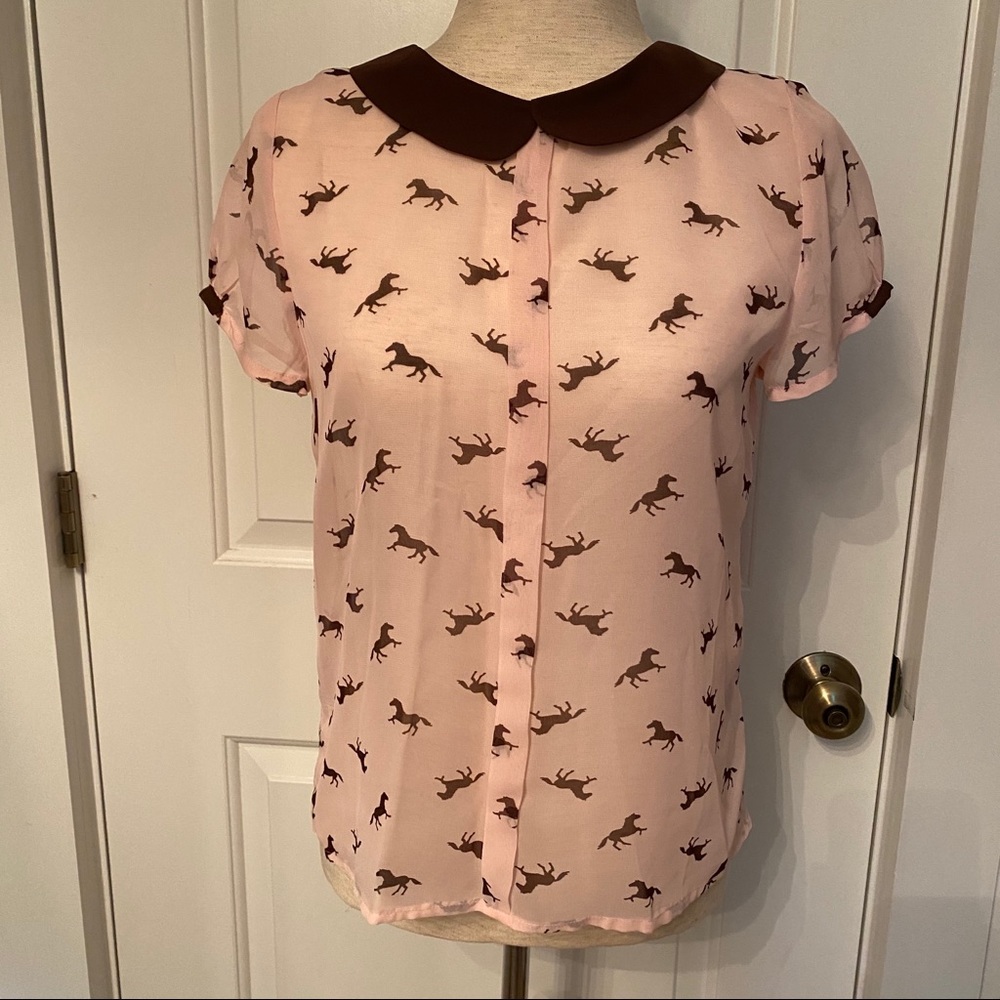 PHILOSOPHY TOP NEW BLOUSE PINK BROWN HORSE PRINT Size S